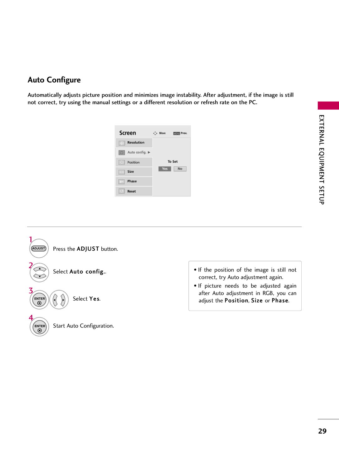 LG Electronics 223DCH, SAC30708026 owner manual Auto Configure, Screen, Press the Adjust button, Select Yes 