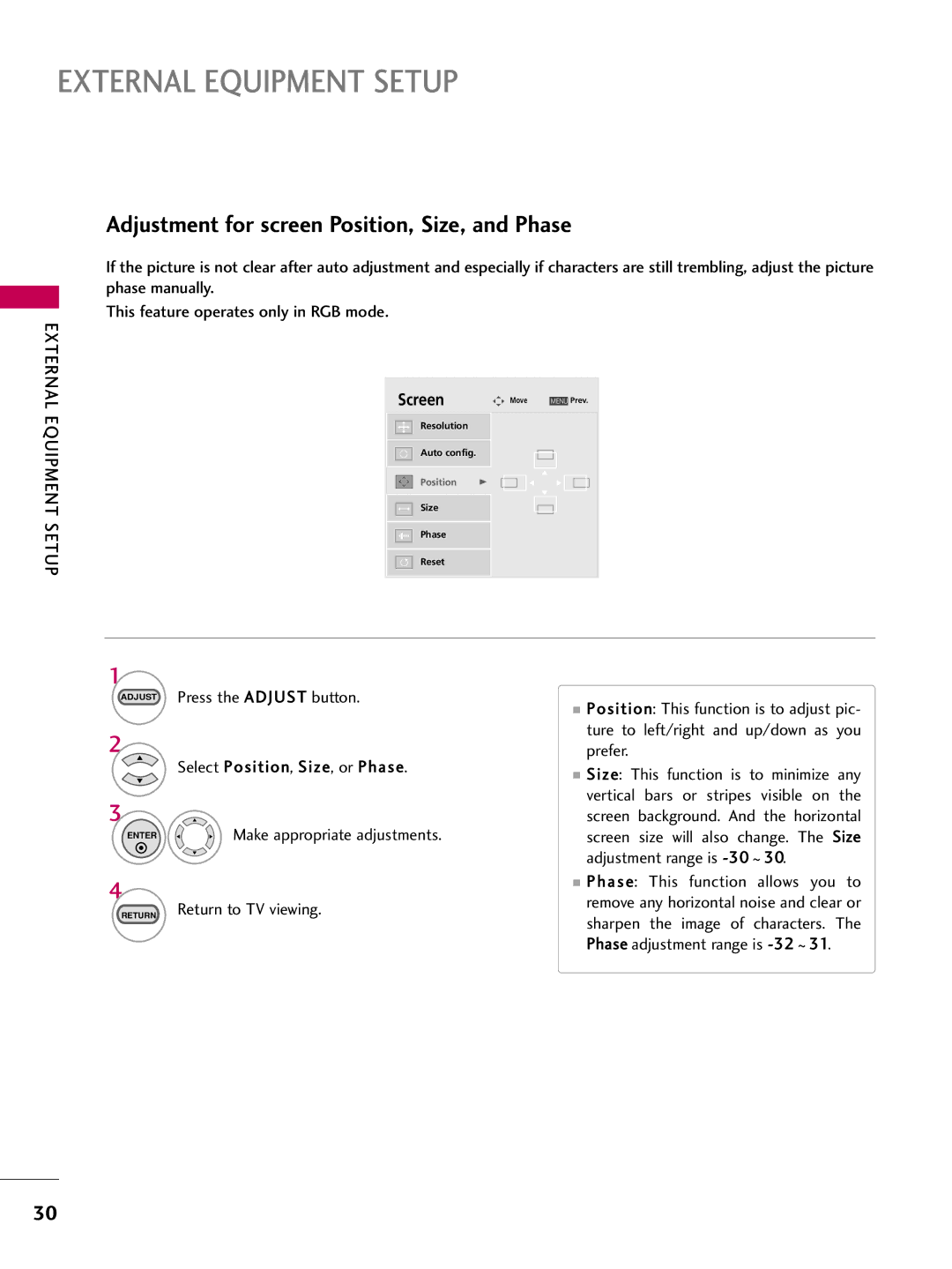 LG Electronics SAC30708026, 223DCH owner manual Adjustment for screen Position, Size, and Phase, External Equipment Setup 