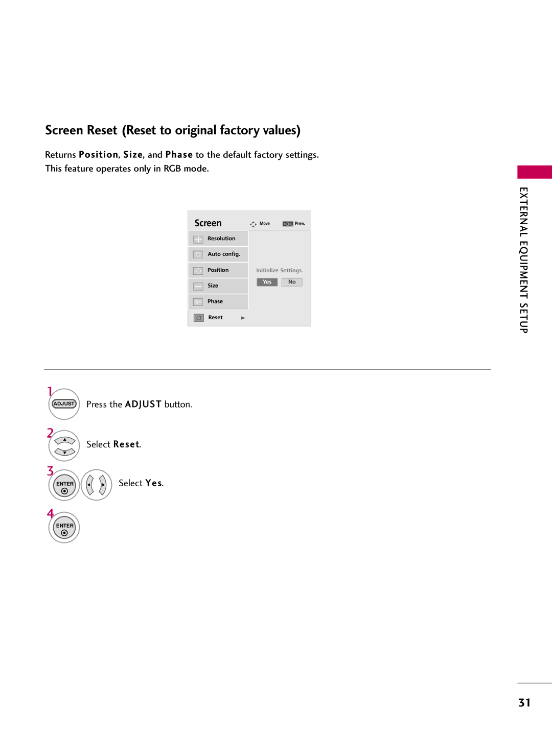 LG Electronics 223DCH, SAC30708026 owner manual Screen Reset Reset to original factory values, Select Reset 