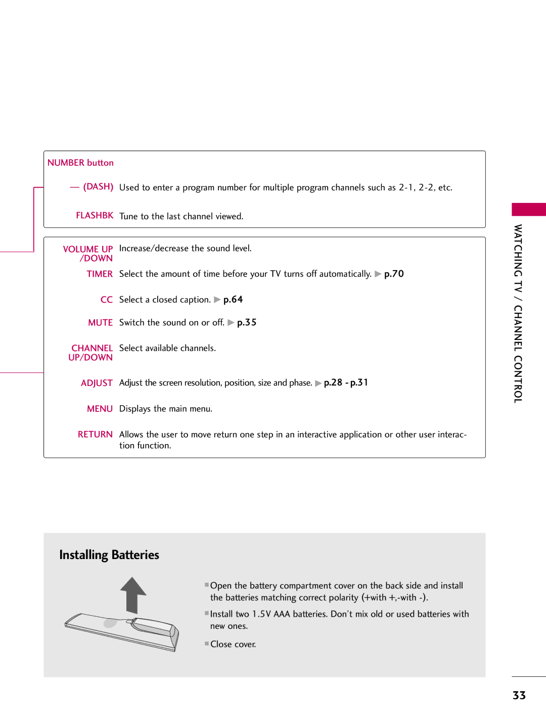 LG Electronics 223DCH, SAC30708026 owner manual Installing Batteries, Watching TV / Channel Control 