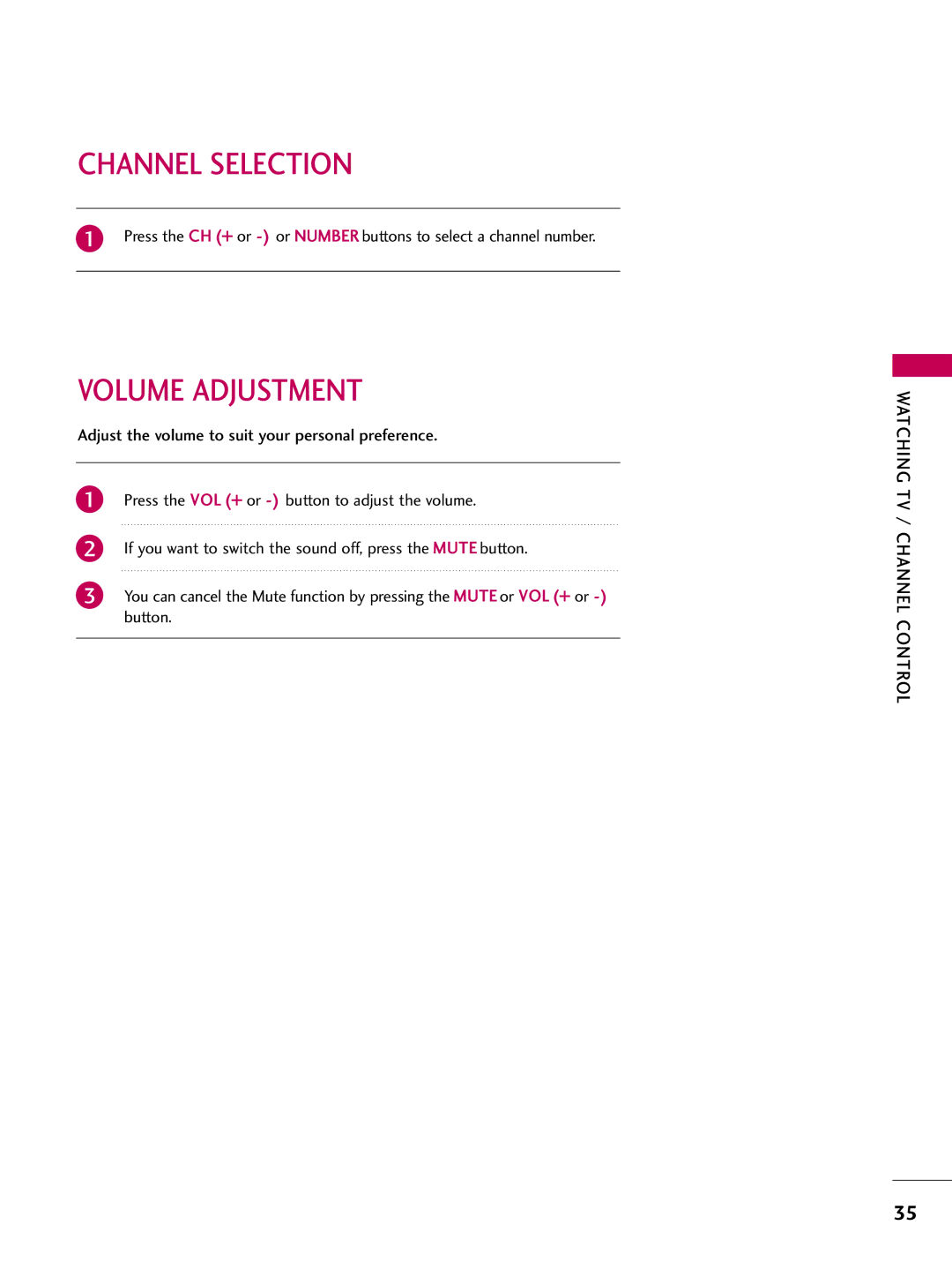 LG Electronics 223DCH, SAC30708026 owner manual Channel Selection, Volume Adjustment 