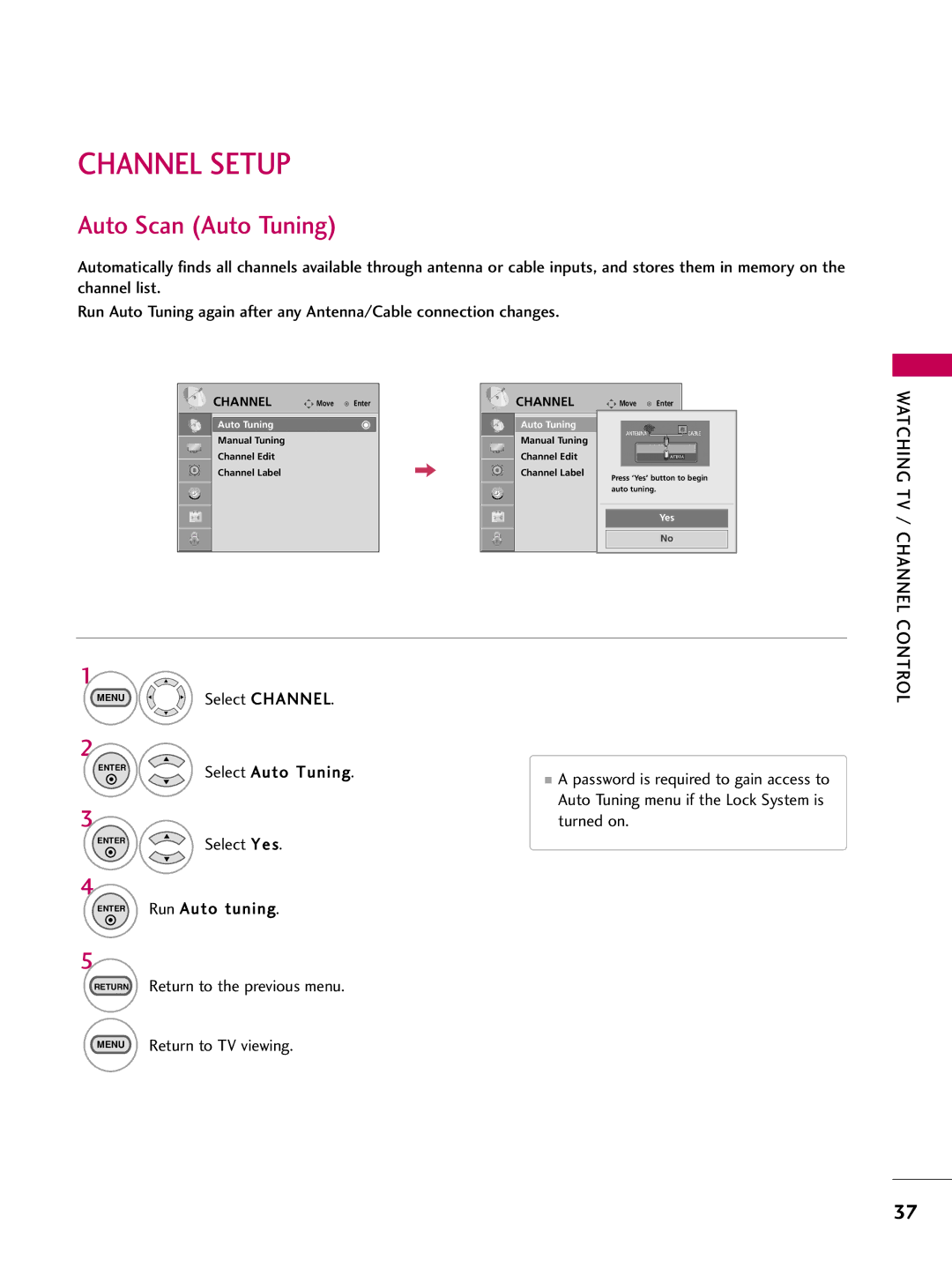 LG Electronics 223DCH, SAC30708026 owner manual Channel Setup, Auto Scan Auto Tuning 