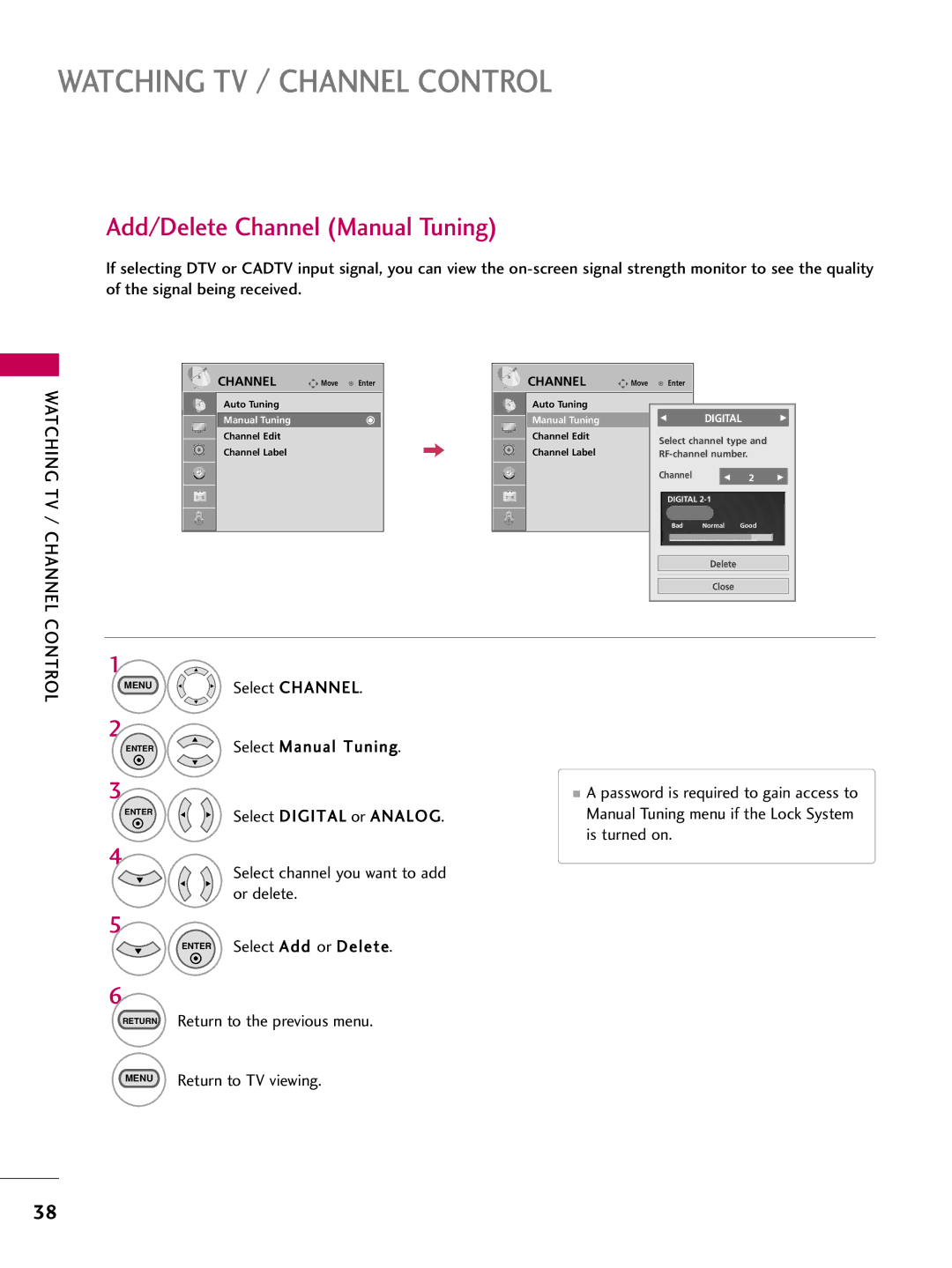 LG Electronics SAC30708026 Add/Delete Channel Manual Tuning, Watching TV / Channel, Control, ENTERSelect Manual Tuning 