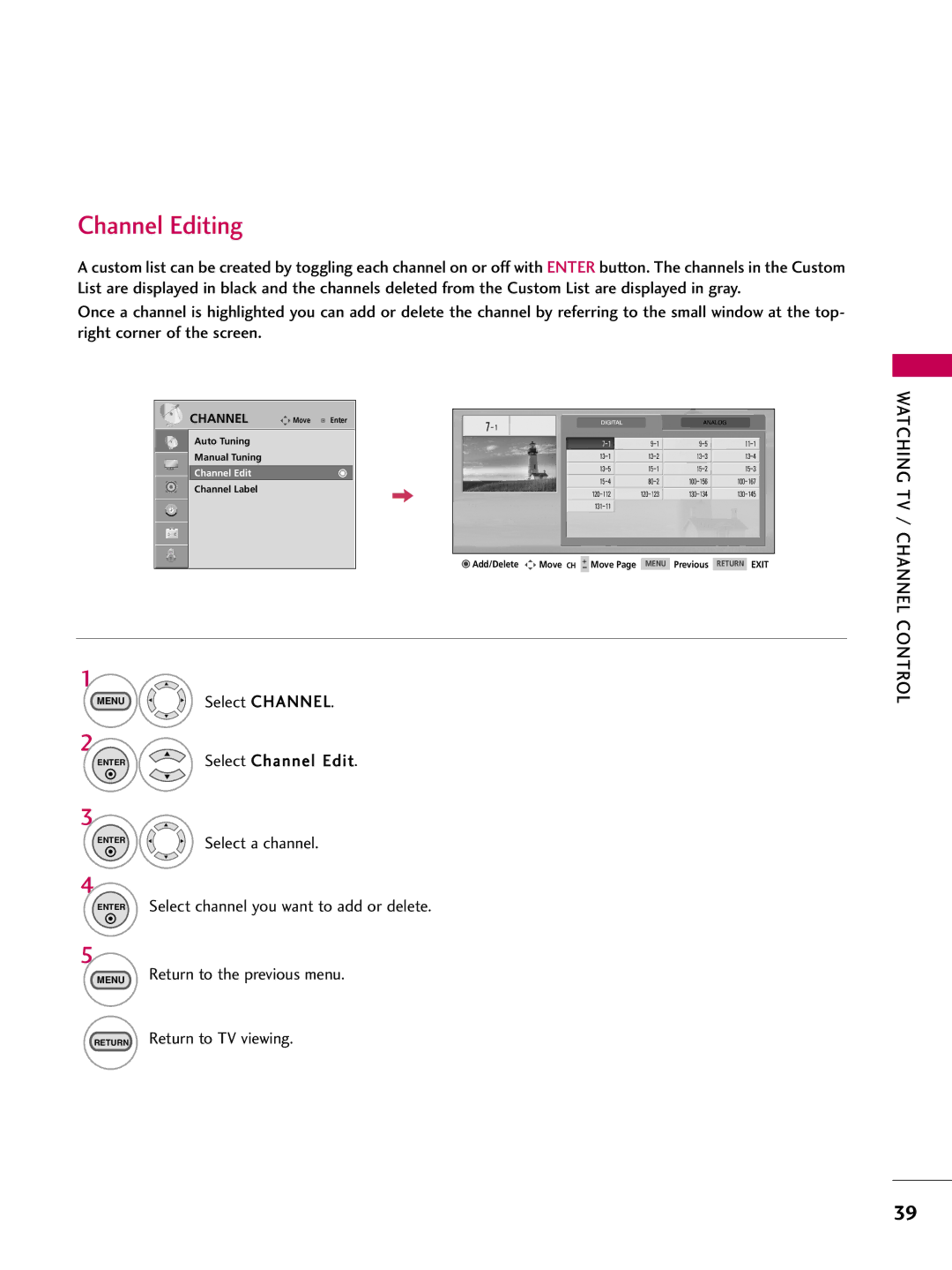 LG Electronics 223DCH, SAC30708026 owner manual Channel Editing 