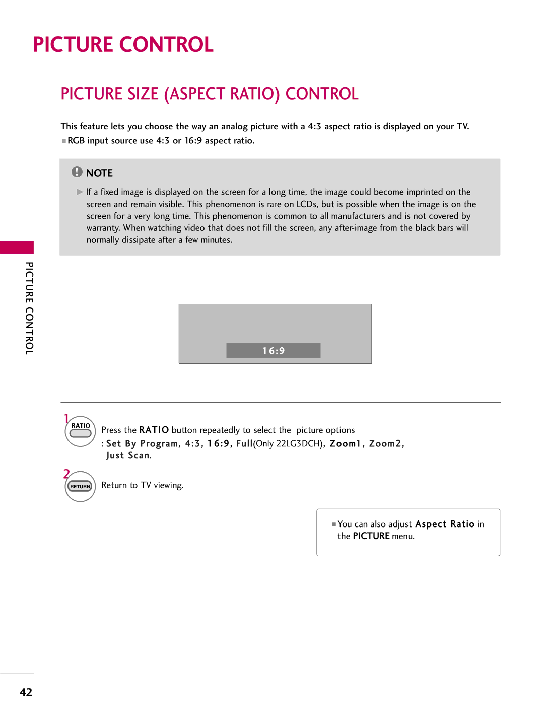 LG Electronics SAC30708026, 223DCH owner manual Picture Control, Picture Size Aspect Ratio Control, 169 