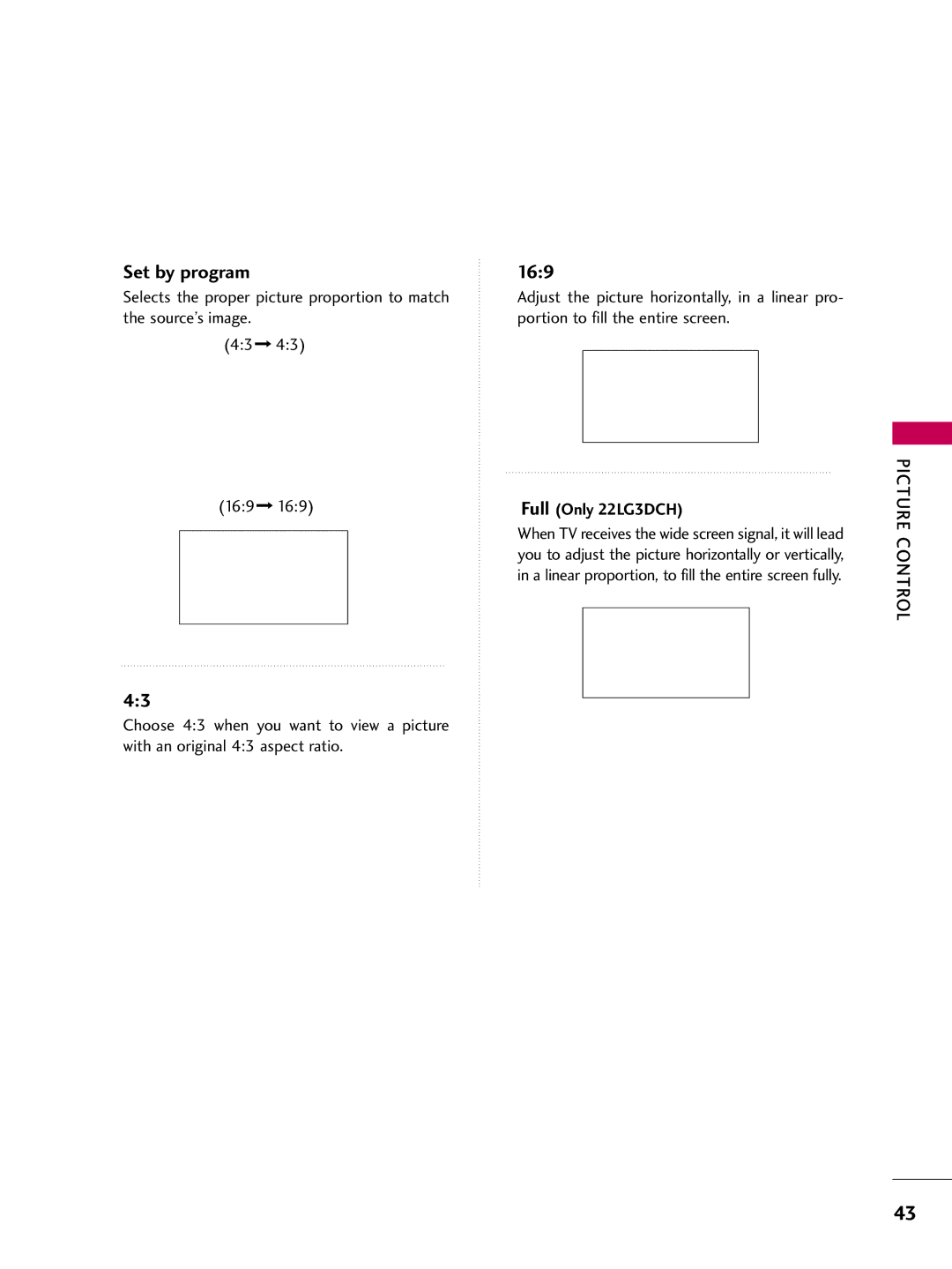 LG Electronics 223DCH, SAC30708026 owner manual Set by program, Full Only 22LG3DCH 