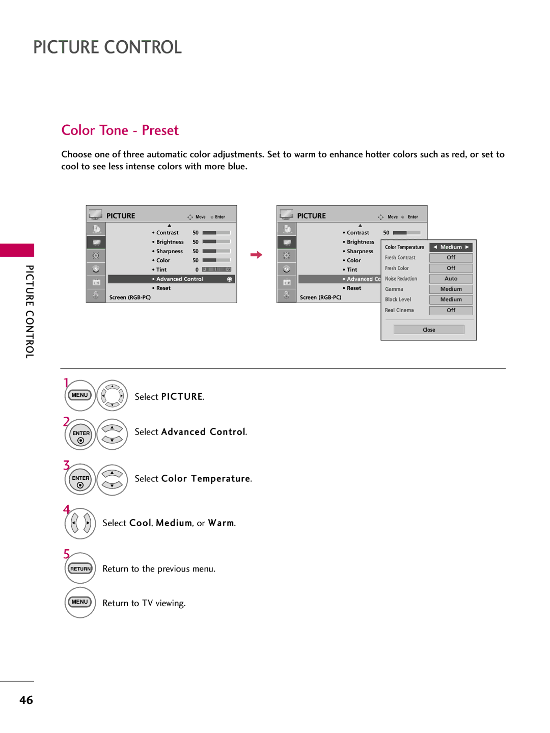 LG Electronics SAC30708026, 223DCH owner manual Color Tone Preset, Select Picture 