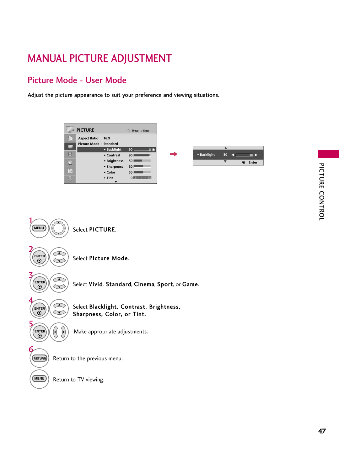 LG Electronics 223DCH, SAC30708026 owner manual Manual Picture Adjustment, Picture Mode User Mode 