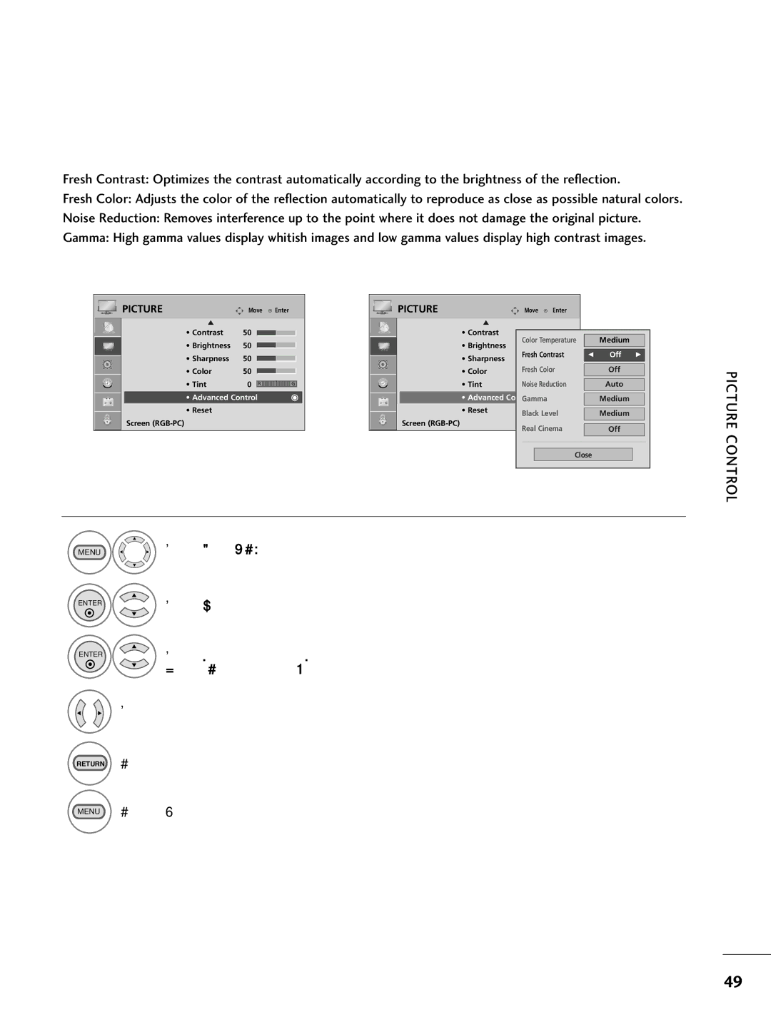 LG Electronics 223DCH, SAC30708026 owner manual Picture Improvement Settings, Menu Select Picture, Select Advanced Control 