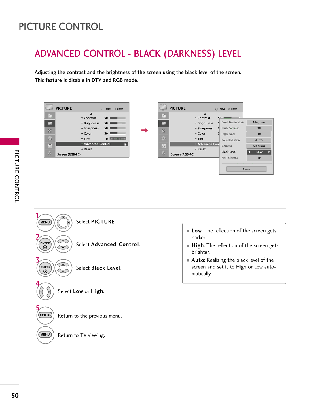 LG Electronics SAC30708026, 223DCH owner manual Advanced Control Black Darkness Level, Select Advanced Control, Select Black 