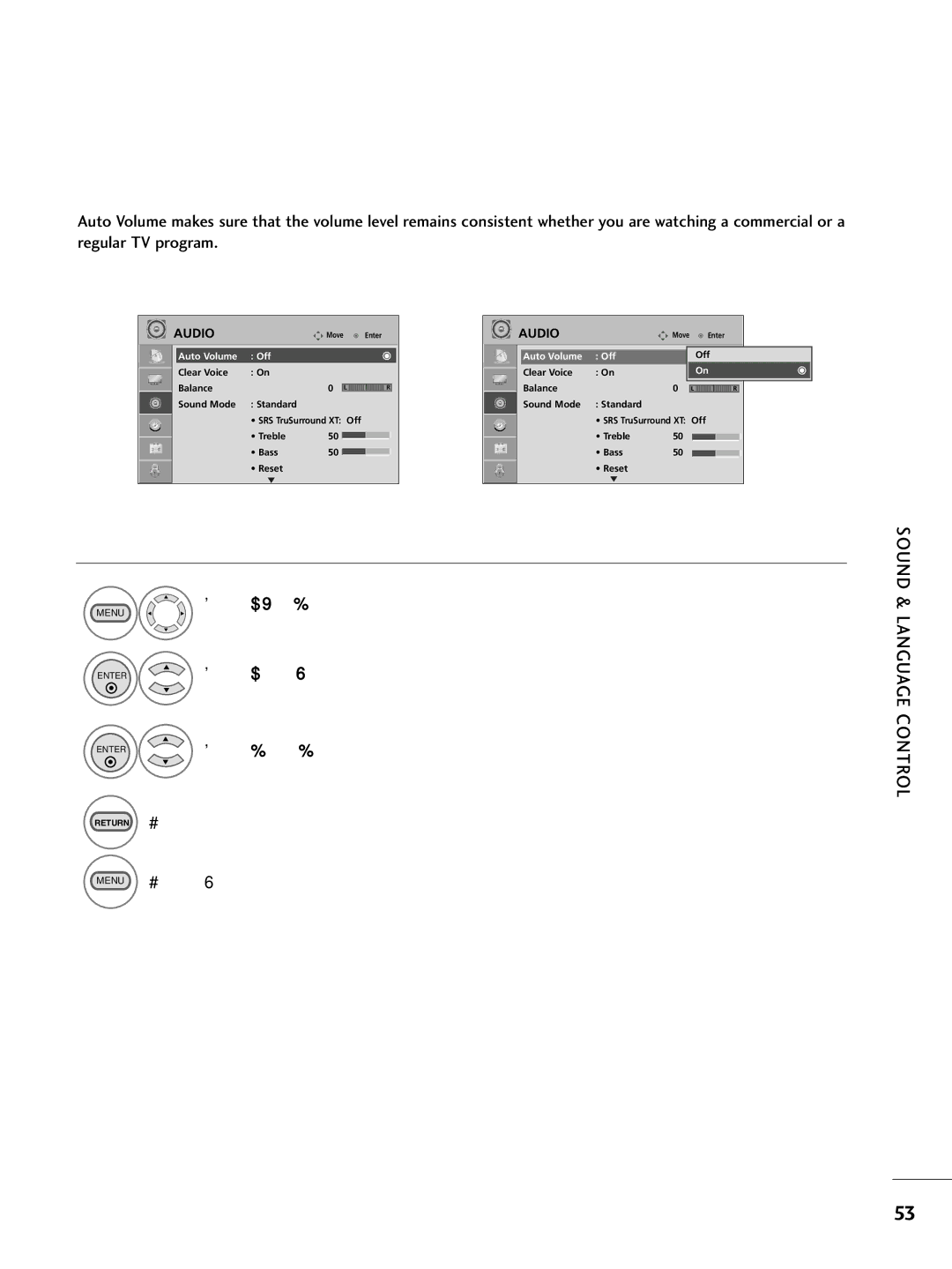 LG Electronics 223DCH, SAC30708026 owner manual Sound & Language Control, Auto Volume Leveler Auto Volume 