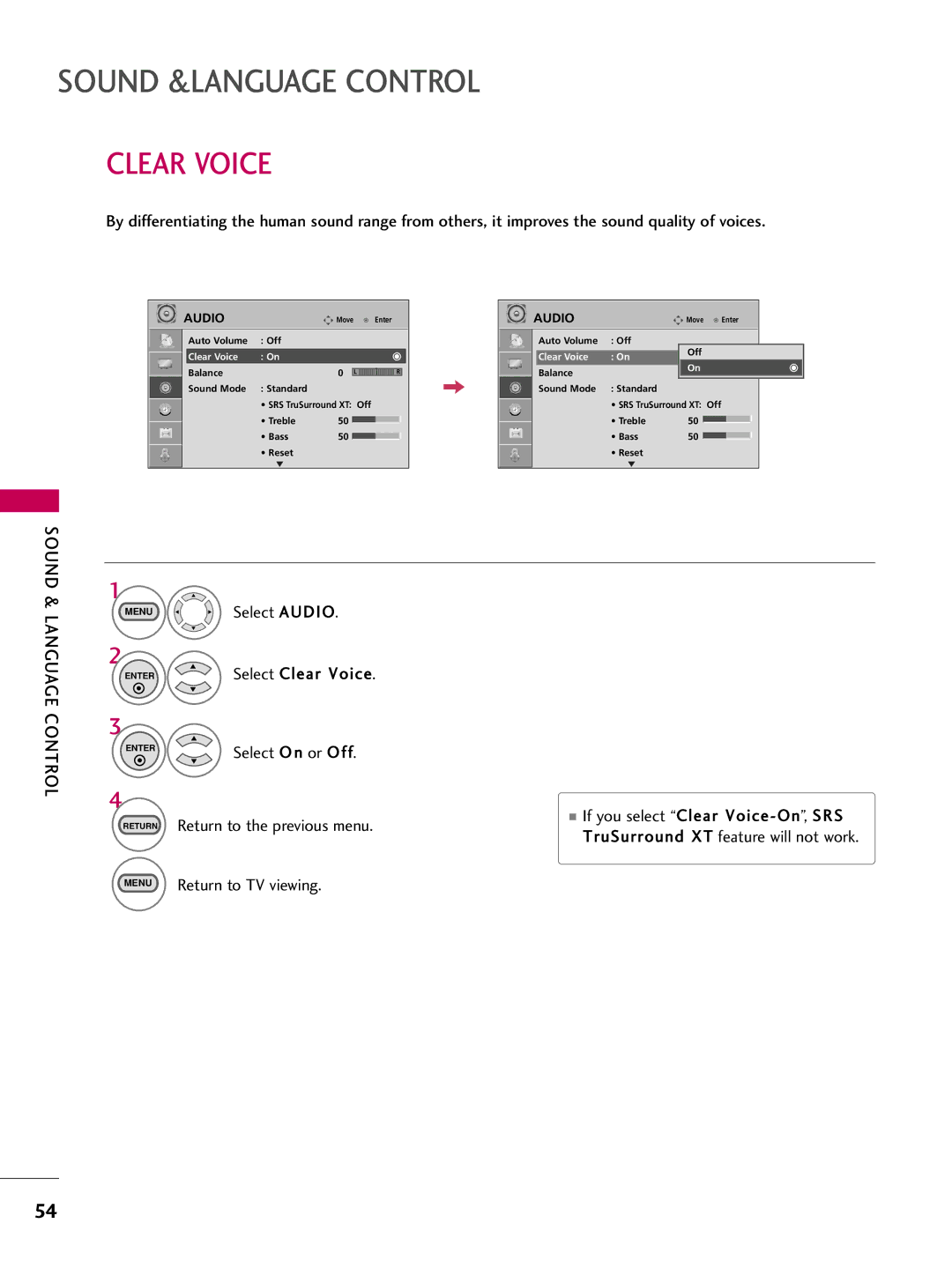 LG Electronics SAC30708026, 223DCH owner manual Menu Select Audio ENTERSelect Clear Voice 