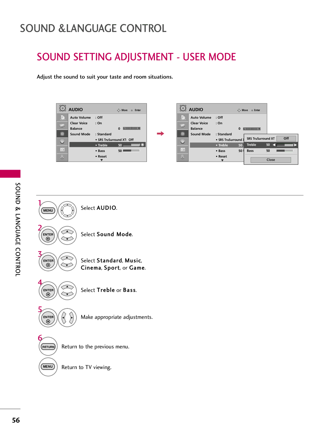 LG Electronics SAC30708026 Sound Setting Adjustment User Mode, Adjust the sound to suit your taste and room situations 