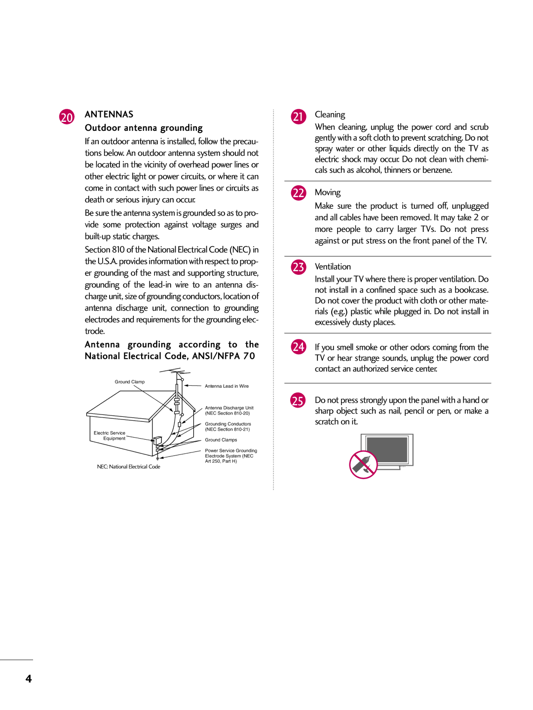 LG Electronics SAC30708026, 223DCH owner manual Antennas, Outdoor antenna grounding, Cleaning, Moving, Ventilation 