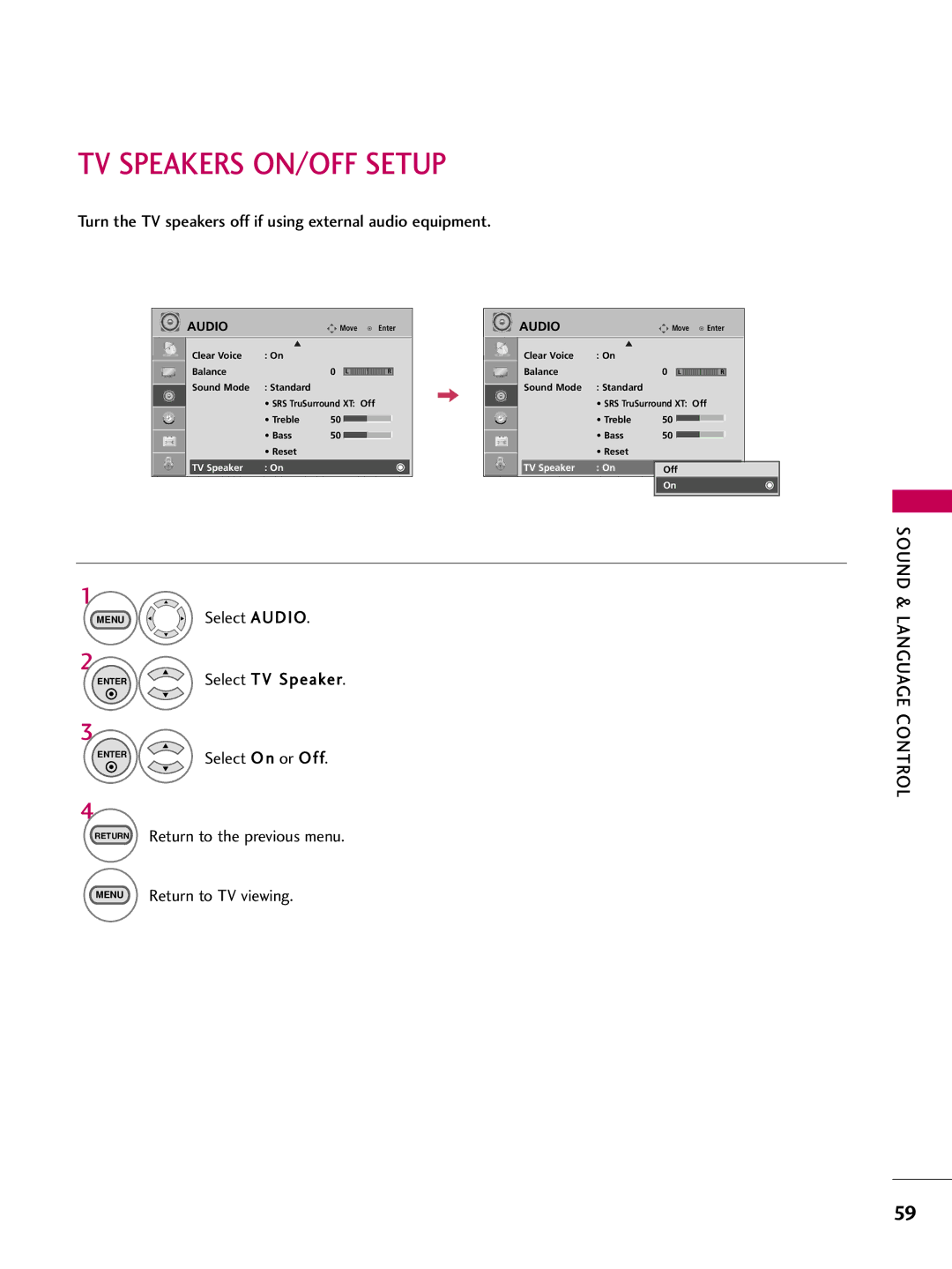 LG Electronics 223DCH, SAC30708026 TV Speakers ON/OFF Setup, Turn the TV speakers off if using external audio equipment 