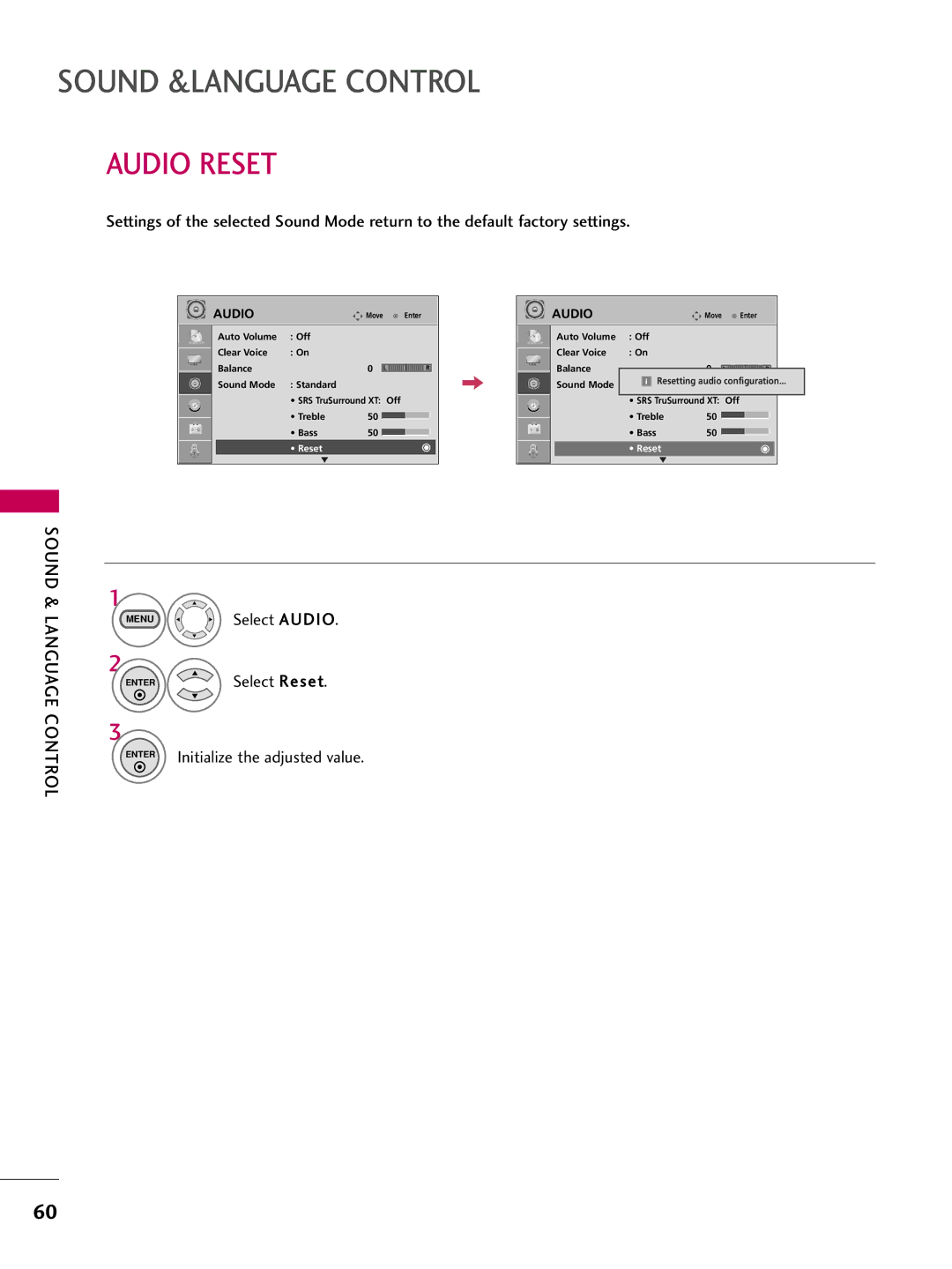 LG Electronics SAC30708026, 223DCH owner manual Audio Reset, Menu Select Audio ENTERSelect Reset 