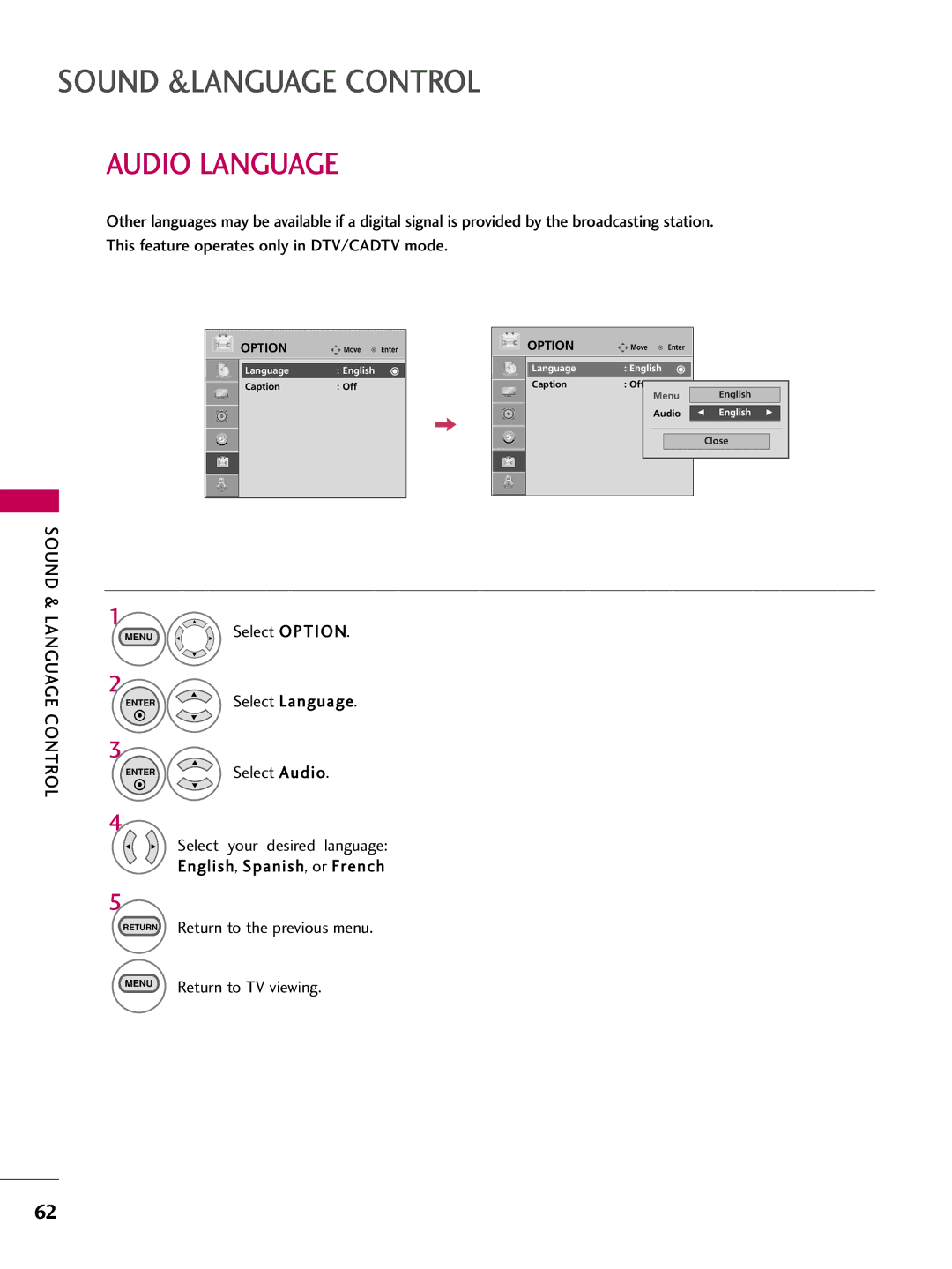 LG Electronics SAC30708026, 223DCH owner manual Audio Language, Menu Select Option ENTERSelect Language 