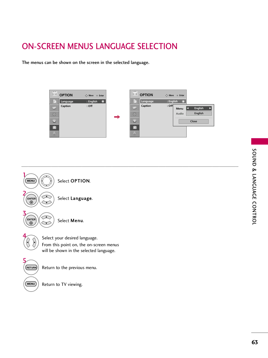 LG Electronics 223DCH ON-SCREEN Menus Language Selection, Menus can be shown on the screen in the selected language 