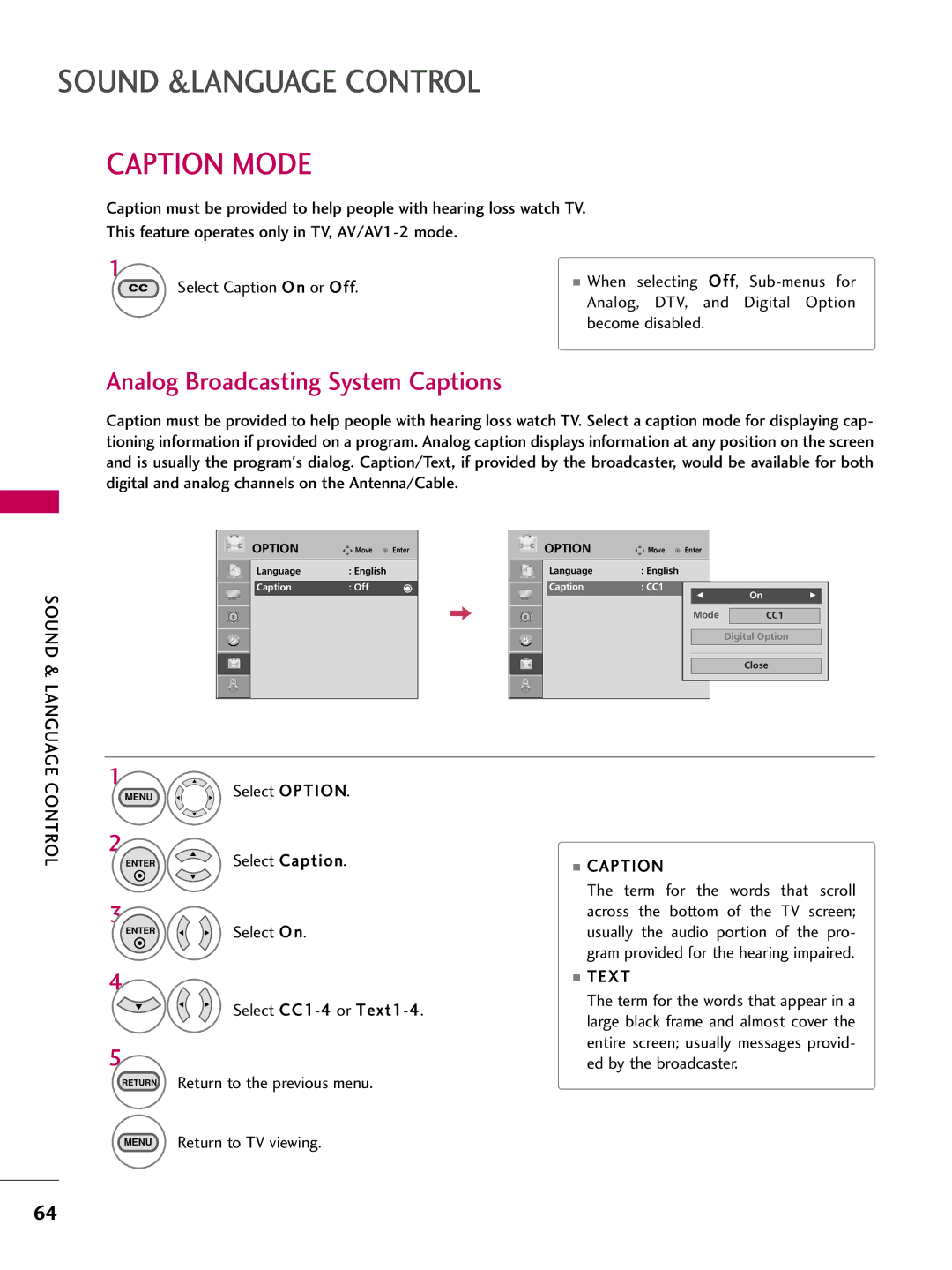 LG Electronics SAC30708026, 223DCH owner manual Caption Mode, Analog Broadcasting System Captions, Sound & Language, Text 