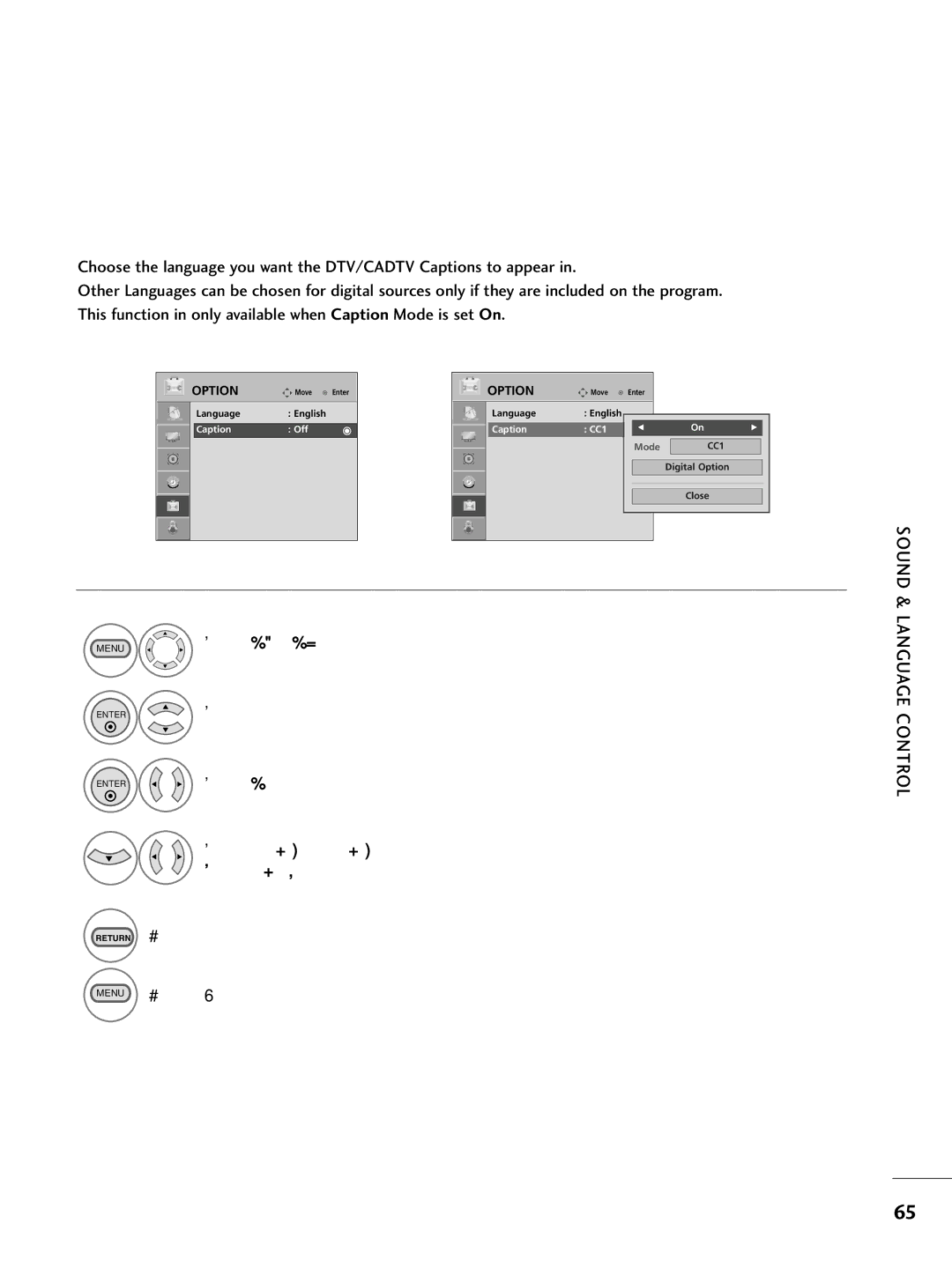 LG Electronics 223DCH, SAC30708026 Digital Broadcasting System Captions, Menu Select Option Enter Select Caption 