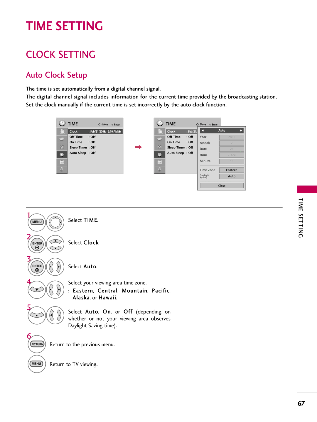 LG Electronics 223DCH, SAC30708026 owner manual Time Setting, Clock Setting, Auto Clock Setup 