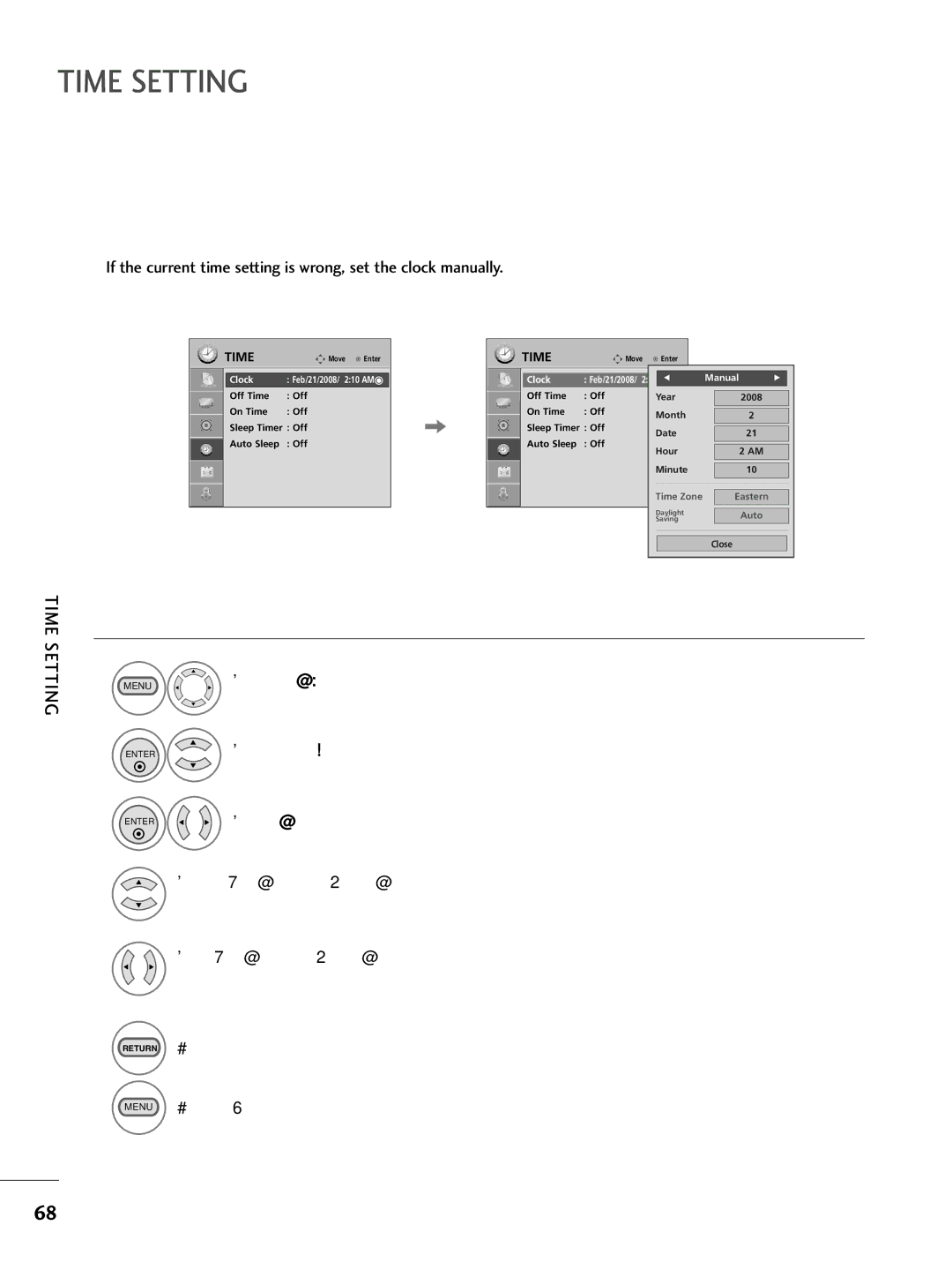 LG Electronics SAC30708026, 223DCH Manual Clock Setup, If the current time setting is wrong, set the clock manually 