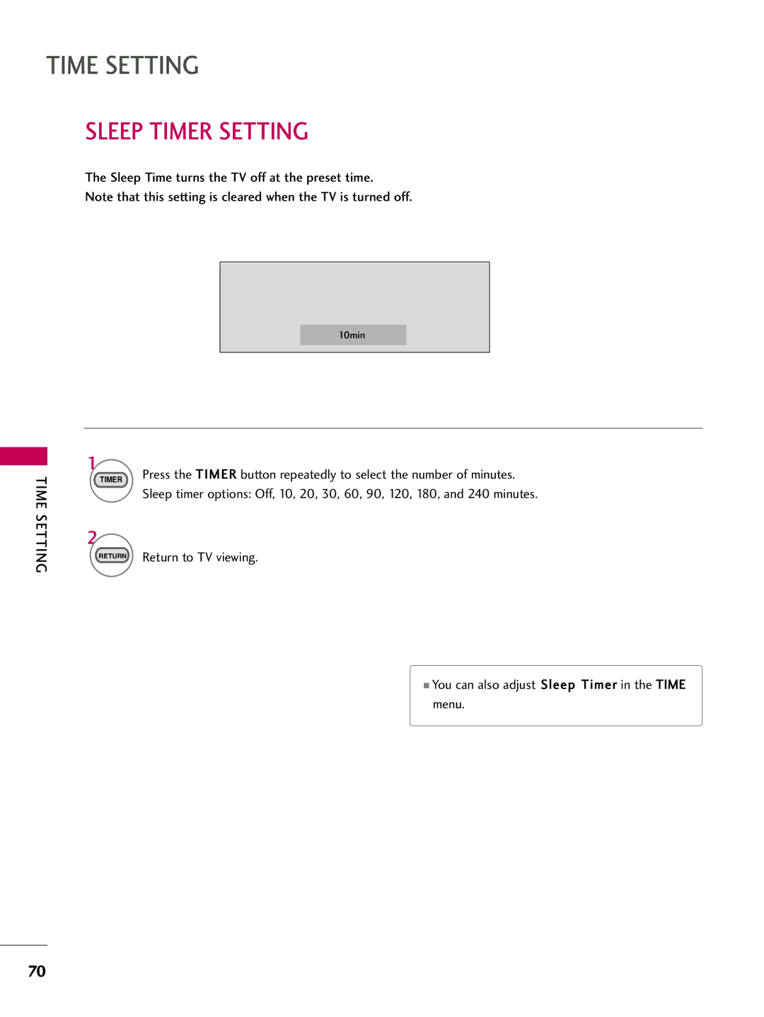 LG Electronics SAC30708026, 223DCH owner manual Sleep Timer Setting, Sleep Time turns the TV off at the preset time 