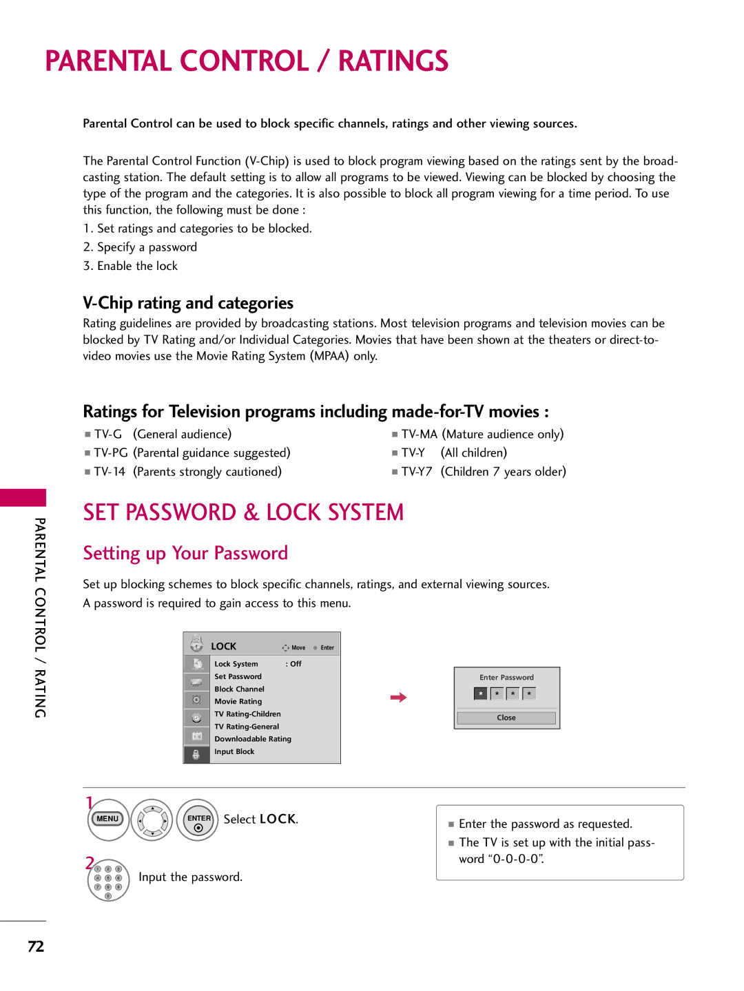 LG Electronics SAC30708026, 223DCH Parental Control / Ratings, SET Password & Lock System, Setting up Your Password 