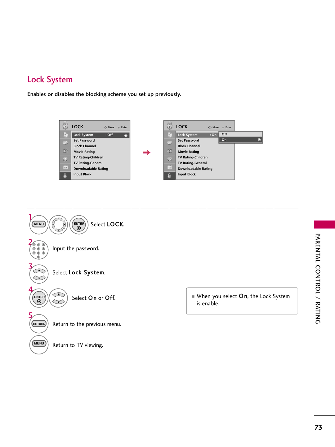 LG Electronics 223DCH Select Lock System, Is enable Return Return to the previous menu, Parental Control / Rating 