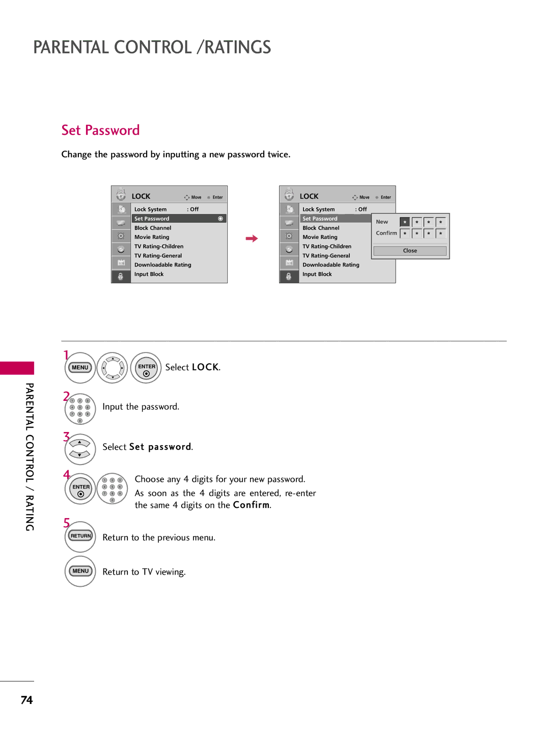 LG Electronics SAC30708026, 223DCH owner manual Set Password, Change the password by inputting a new password twice 