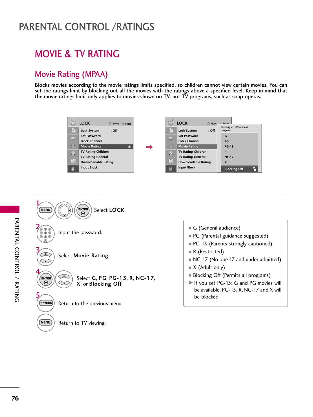 LG Electronics SAC30708026, 223DCH Movie & TV Rating, Movie Rating Mpaa, Select Lock, Select Movie Rating, Or Blocking Off 