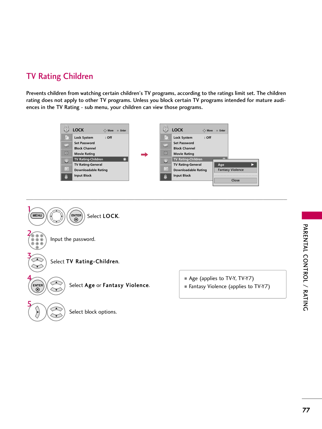 LG Electronics 223DCH TV Rating Children, Select TV Rating-Children Age applies to TV-Y, TV-Y7, Select block options 