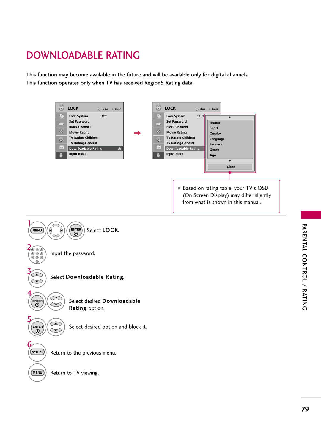 LG Electronics 223DCH, SAC30708026 owner manual Downloadable Rating, Select Lock, Return to TV viewing 