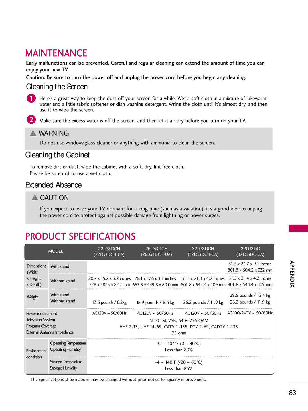 LG Electronics 223DCH Maintenance, Product Specifications, Cleaning the Screen, Cleaning the Cabinet, Extended Absence 