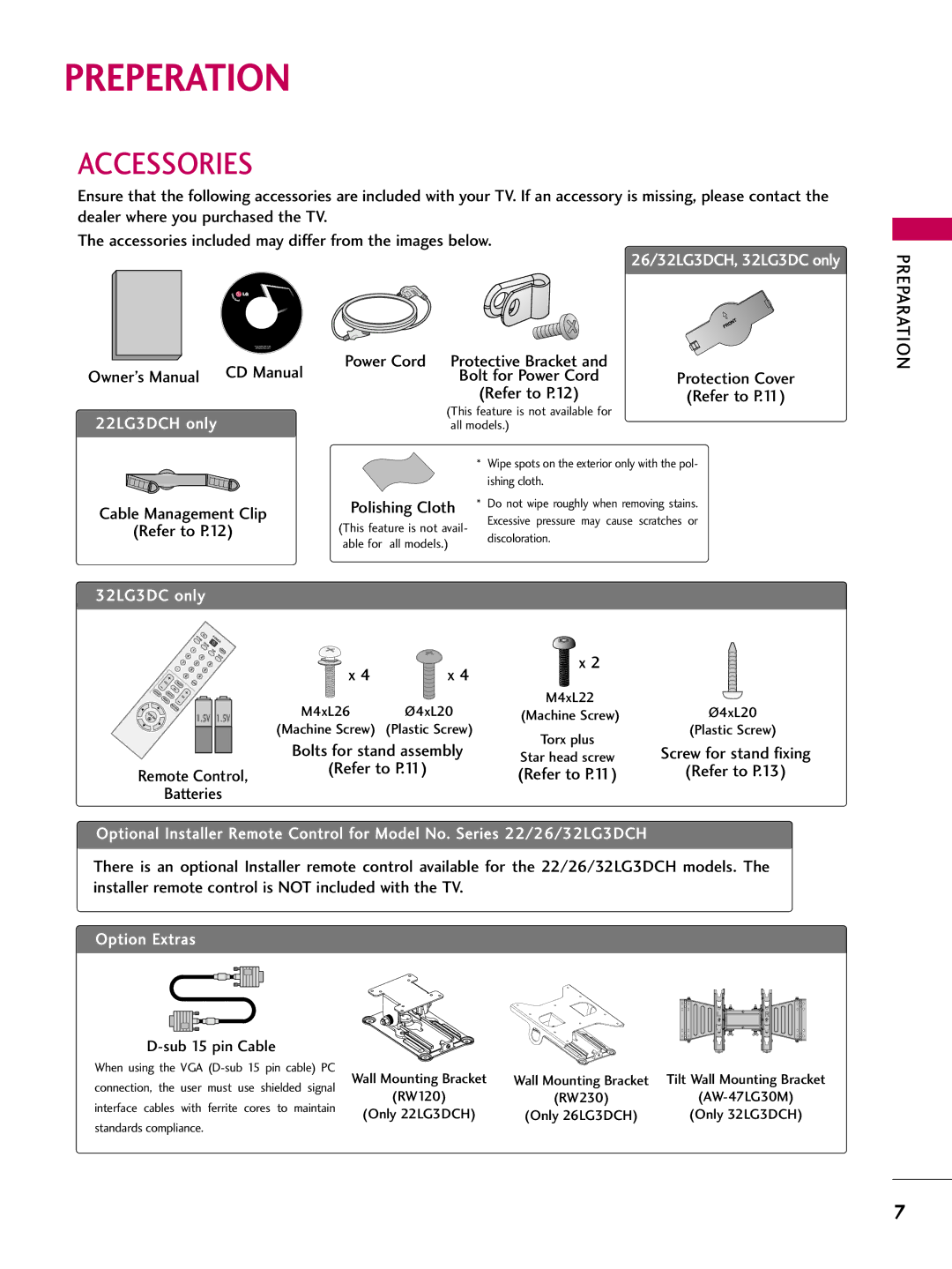 LG Electronics 223DCH, SAC30708026 owner manual Preperation, Accessories 