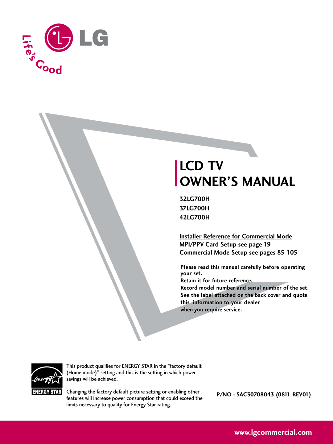 LG Electronics 42700H owner manual When you require service, Features will increase power consumption that could exceed 