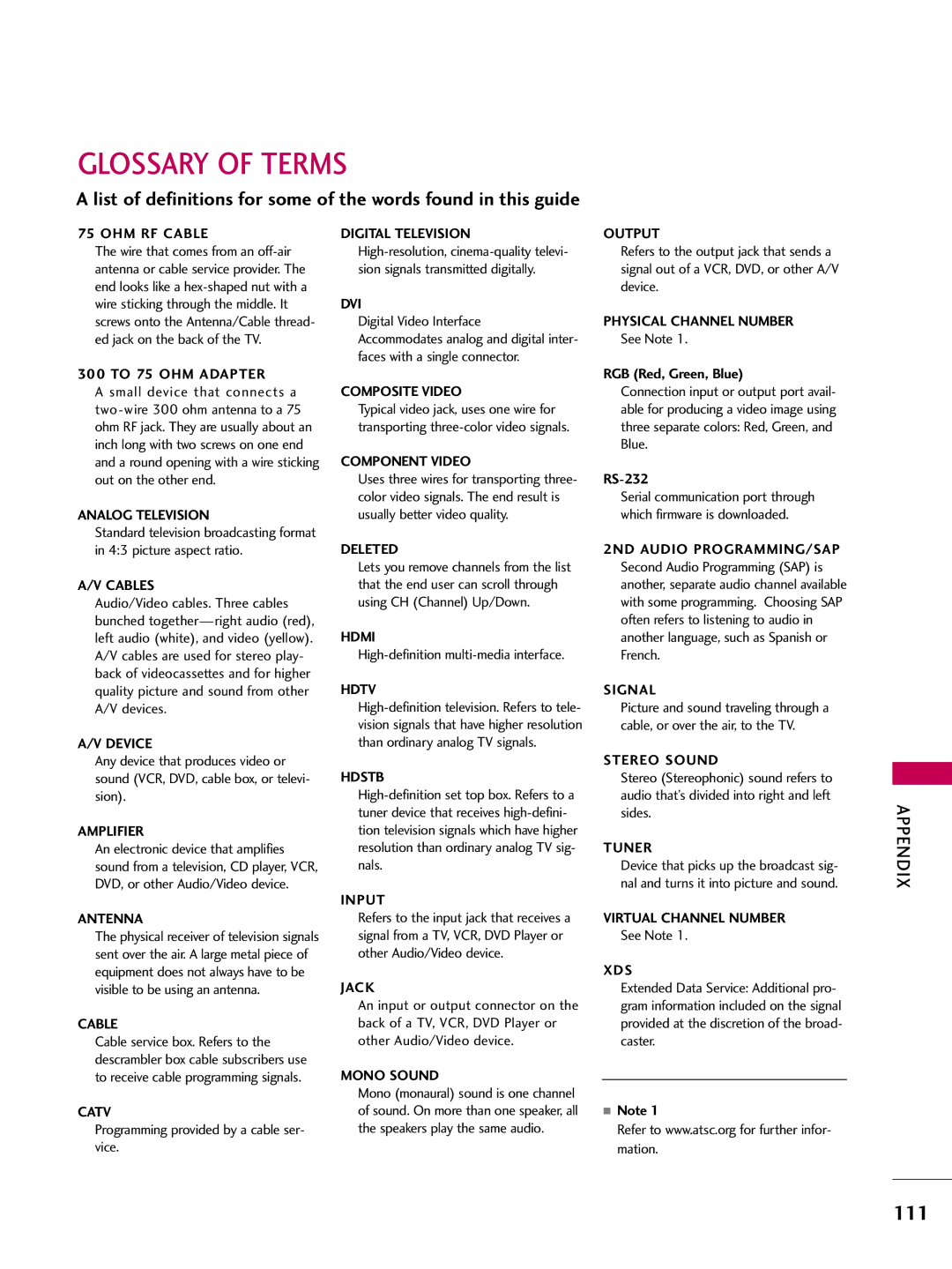 LG Electronics 42700H Glossary of Terms, Programming provided by a cable ser- vice, Digital Video Interface, See Note 