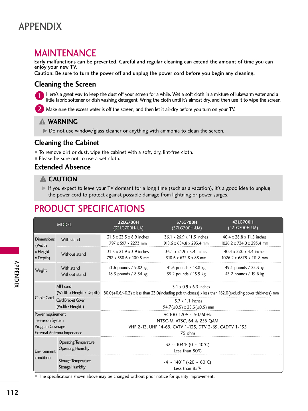 LG Electronics 37700H Maintenance, Product Specifications, Cleaning the Screen, Cleaning the Cabinet, Extended Absence 