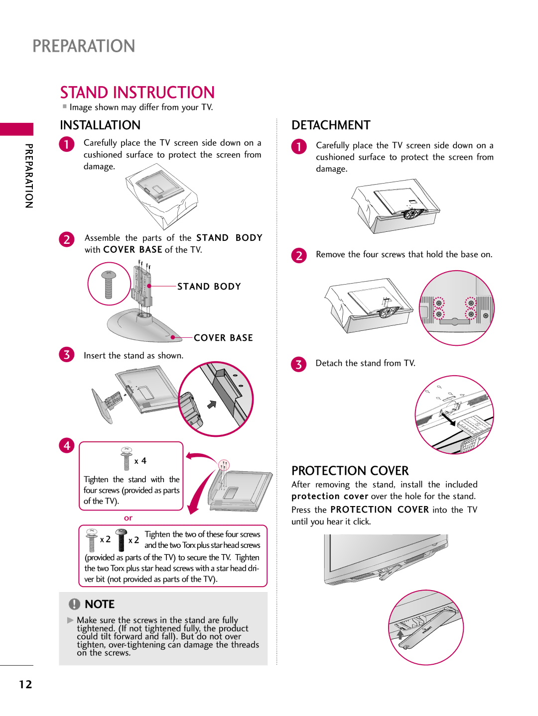 LG Electronics 37700H Stand Instruction, Cushioned surface to protect the screen from, Damage, Stand Body Cover Base 