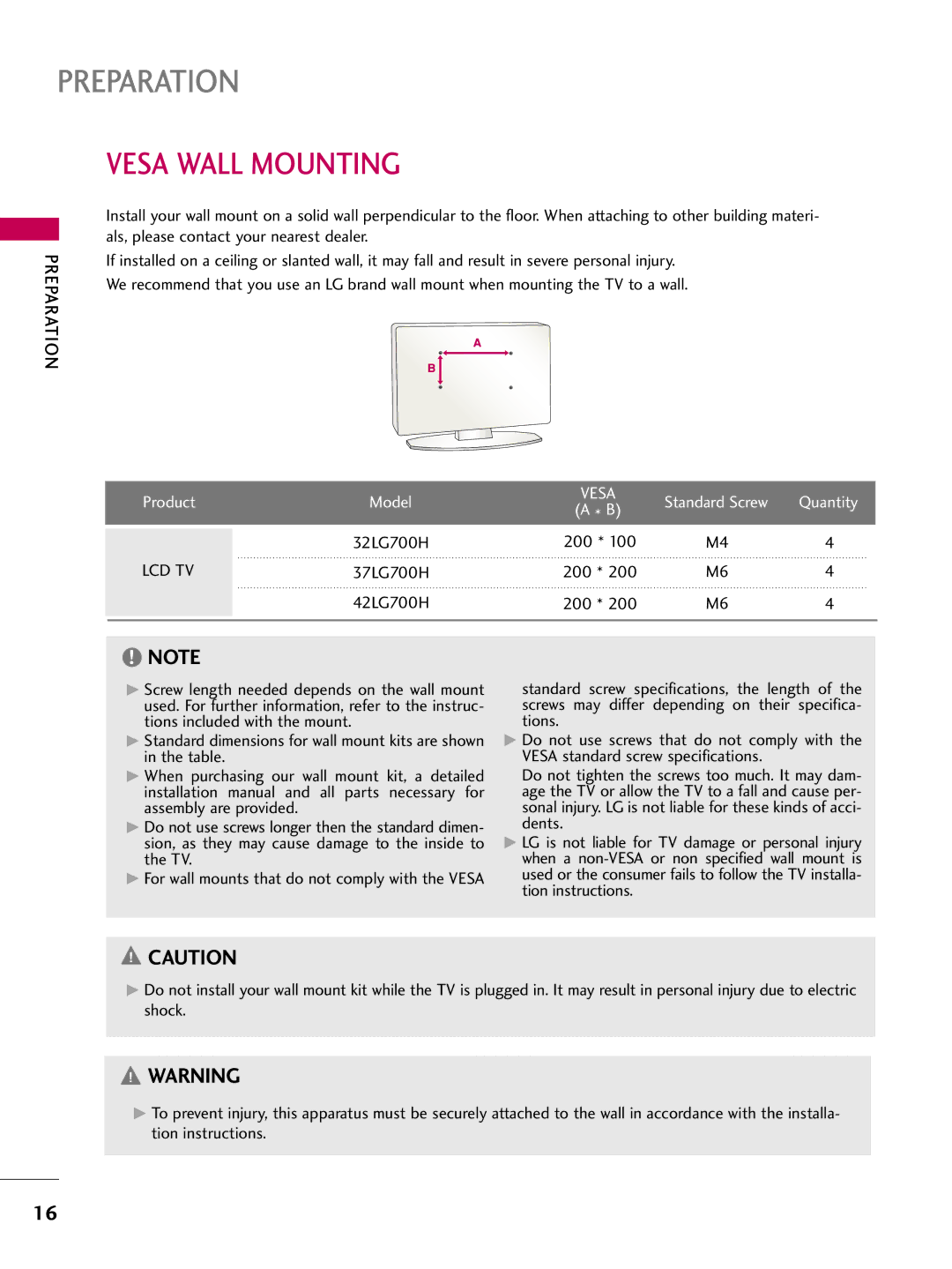 LG Electronics 37700H, SAC30708043, 42700H, 32700H owner manual Vesa Wall Mounting, 200, Lcd Tv 