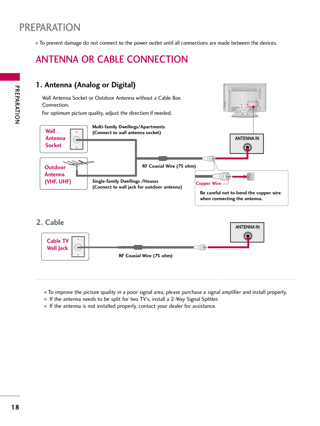 LG Electronics SAC30708043, 42700H, 37700H, 32700H owner manual Antenna or Cable Connection, Antenna Analog or Digital 