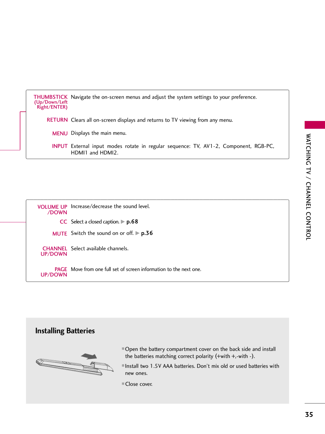 LG Electronics 42700H, SAC30708043, 37700H, 32700H owner manual Installing Batteries, Watching TV / Channel Control 