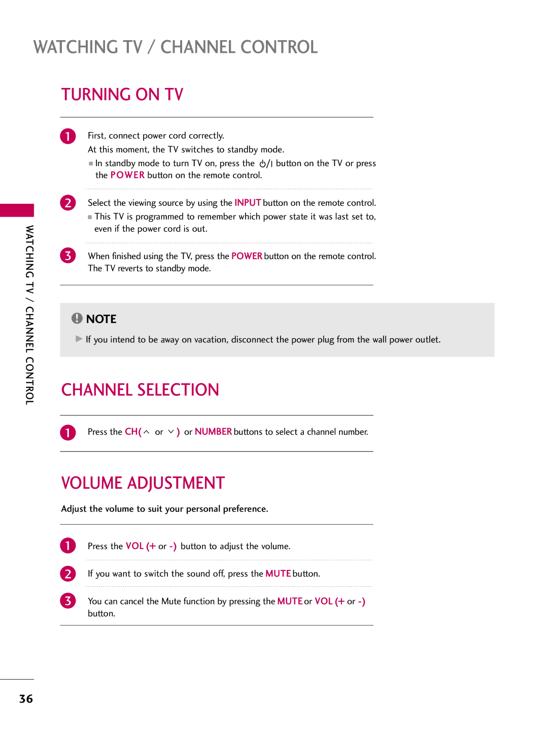 LG Electronics 37700H, SAC30708043, 42700H, 32700H owner manual Turning on TV, Channel Selection, Volume Adjustment 