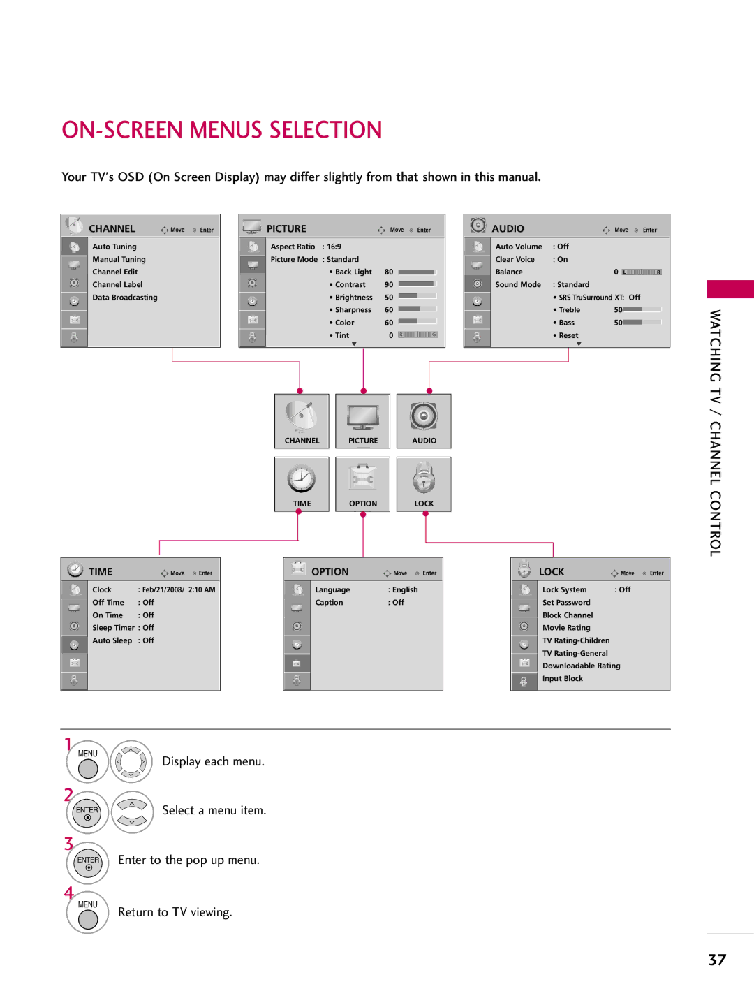 LG Electronics 32700H, SAC30708043, 42700H, 37700H owner manual ON-SCREEN Menus Selection, Audio 