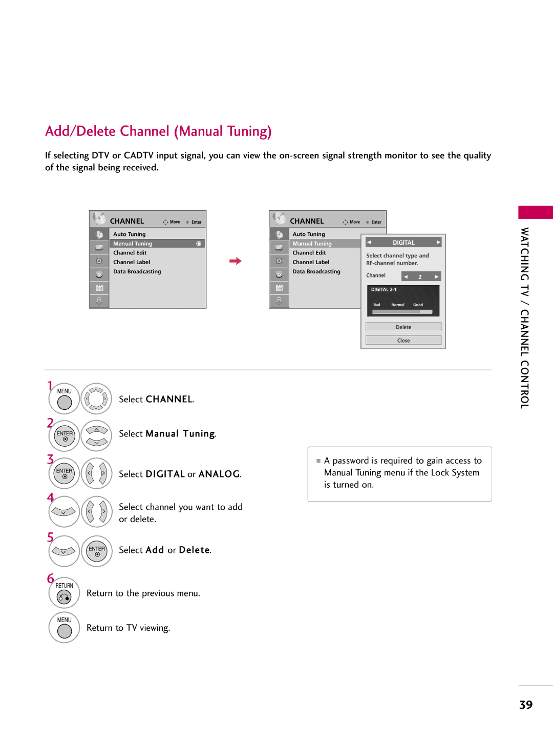 LG Electronics 42700H Add/Delete Channel Manual Tuning, Select Manual Tuning, Select channel you want to add or delete 