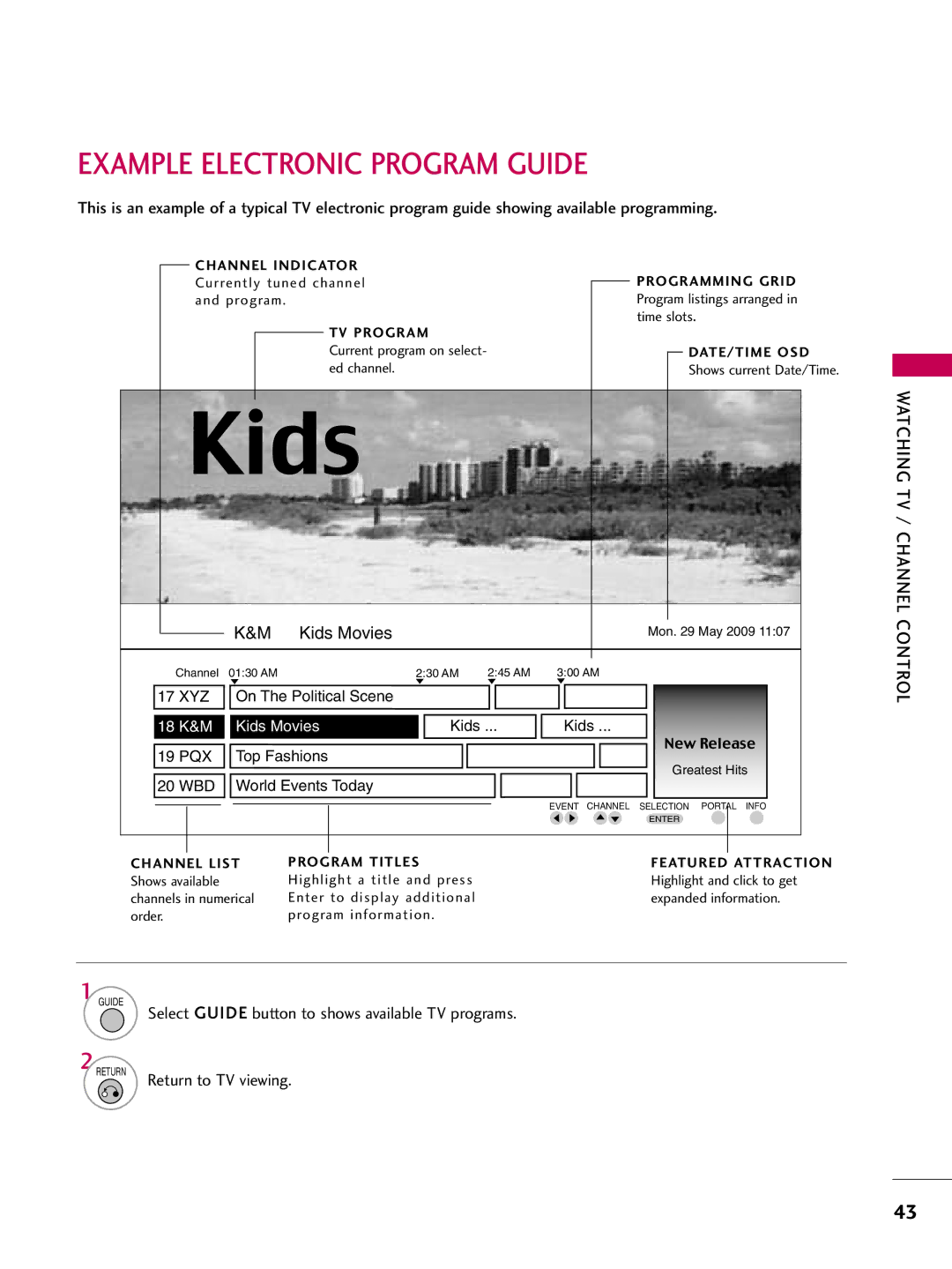 LG Electronics 42700H Example Electronic Program Guide, Currently tuned channel, Current program on select, Ed channel 