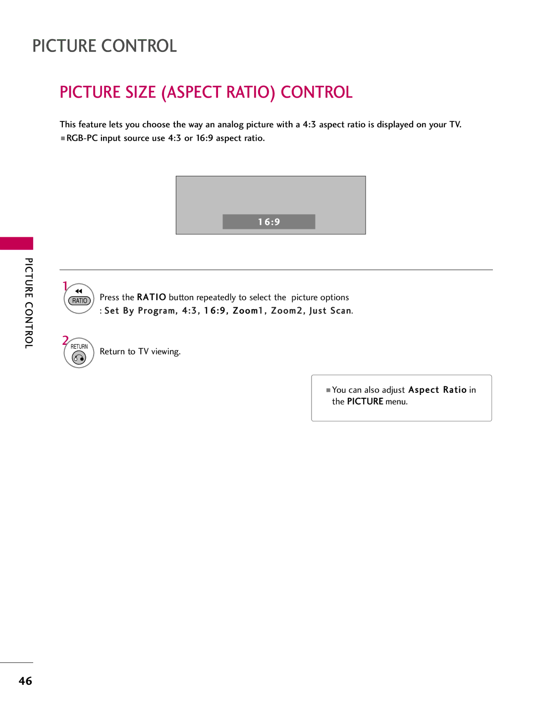 LG Electronics SAC30708043, 42700H, 37700H, 32700H owner manual Picture Size Aspect Ratio Control 