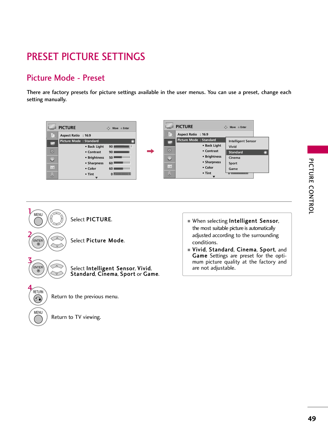 LG Electronics 32700H, SAC30708043, 42700H, 37700H owner manual Preset Picture Settings, Picture Mode Preset 