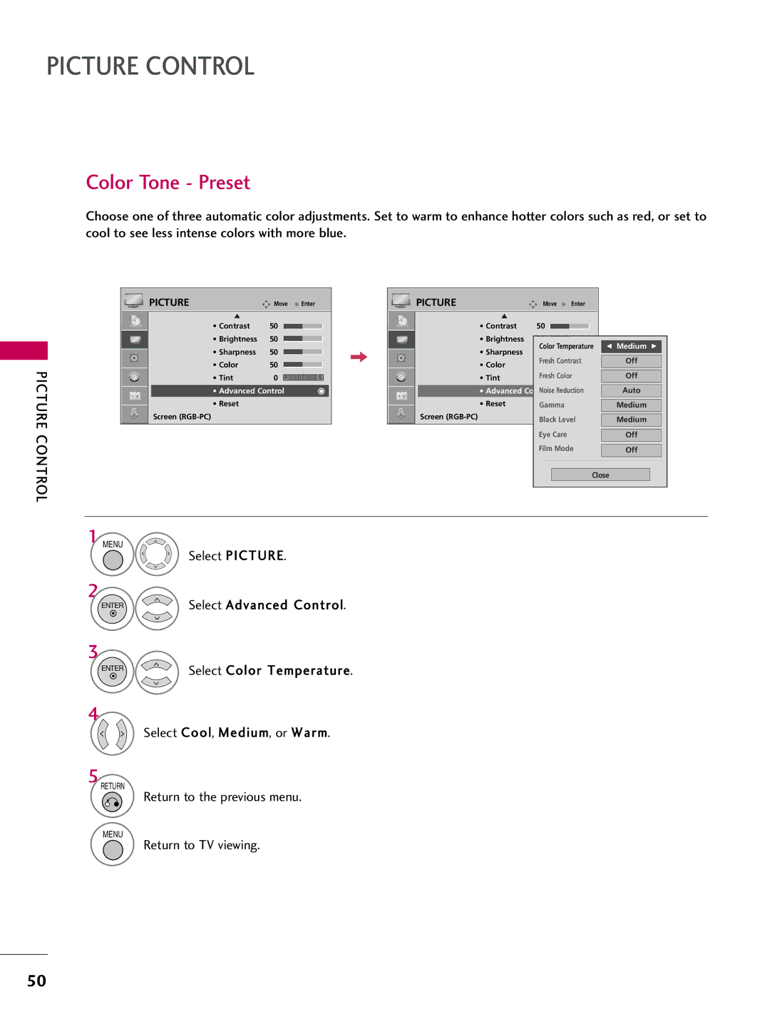 LG Electronics SAC30708043, 42700H, 37700H, 32700H owner manual Color Tone Preset, Advanced Control 