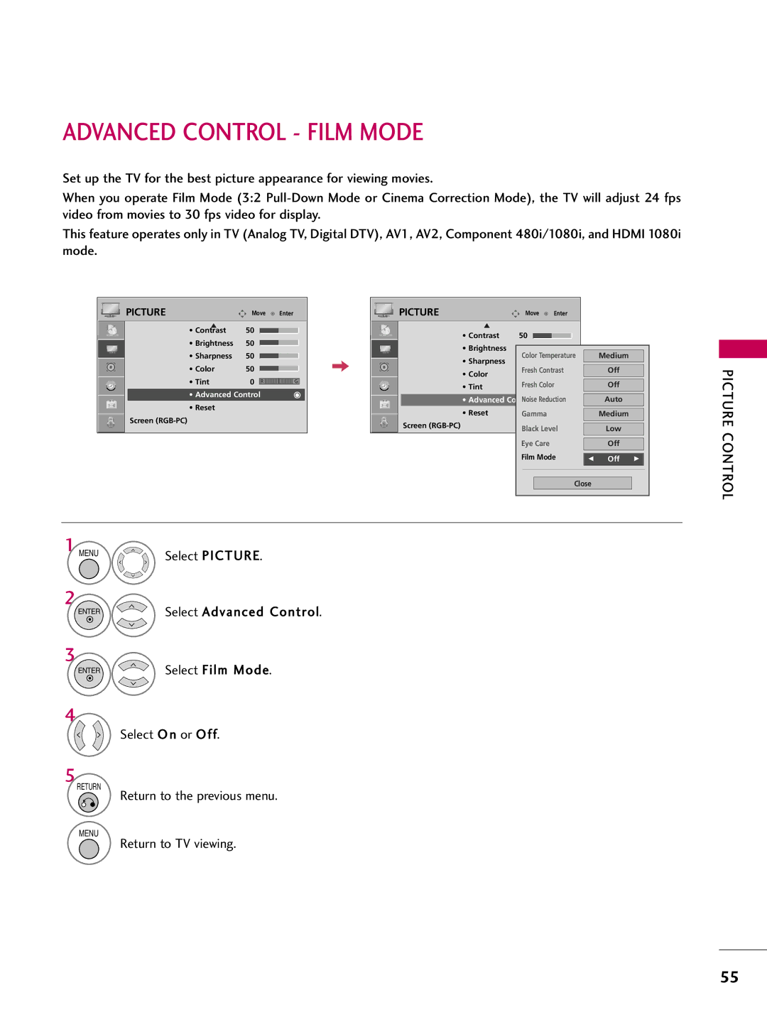 LG Electronics 42700H, SAC30708043, 37700H, 32700H owner manual Advanced Control Film Mode, Select Film Mode 